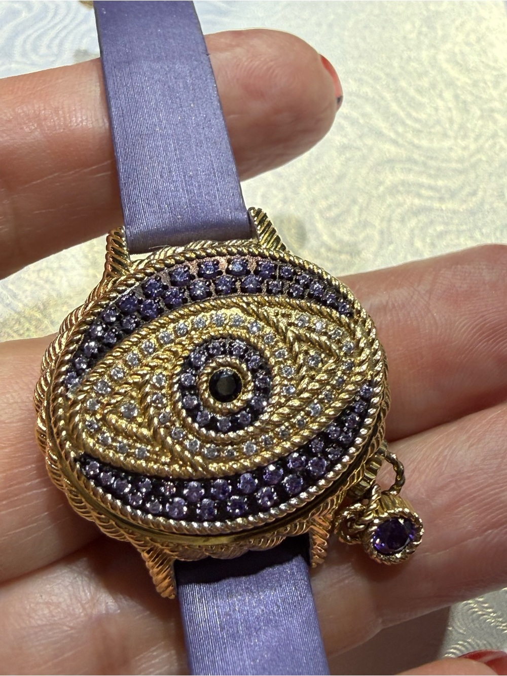JUDITH RIPKA Stainless Steel Purple & Gold Diamonique Evil Eye Watch New Battery